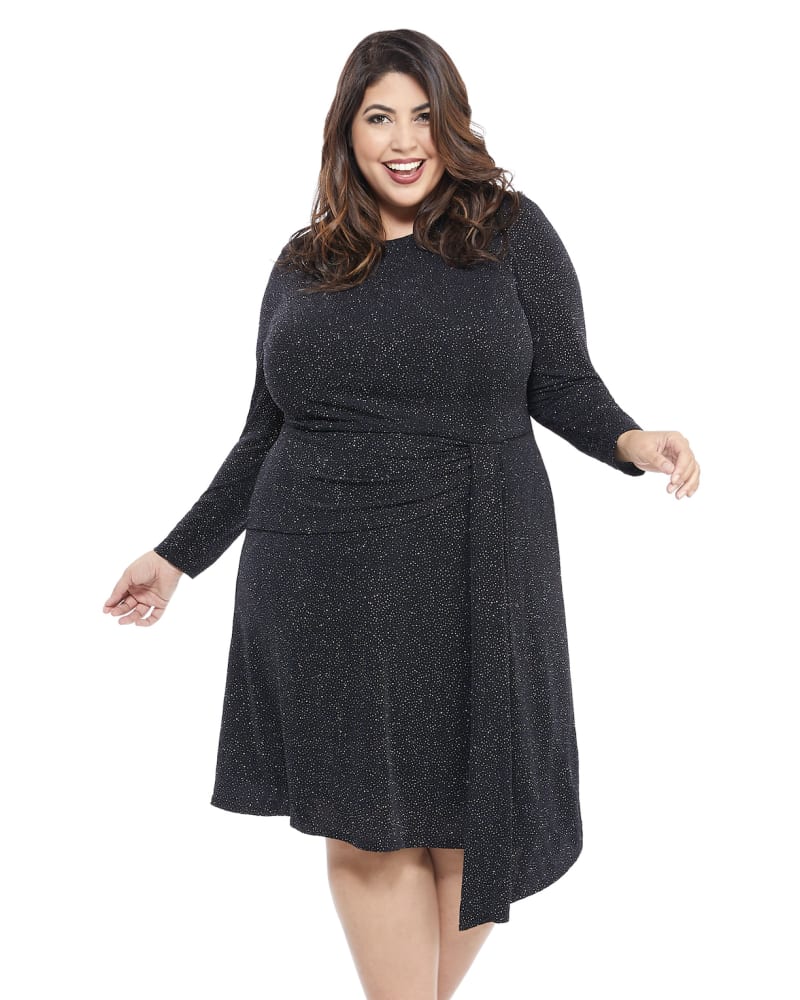 Plus size model wearing Celeste Long Sleeve Drape-Front Dress by Adorned | Dia&Co | dia_product_style_image_id:174590